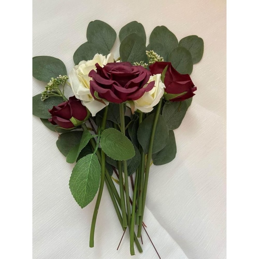 Burgundy & Ivory Roses Eucalyptus Stem with babies breath Bouquet Kit